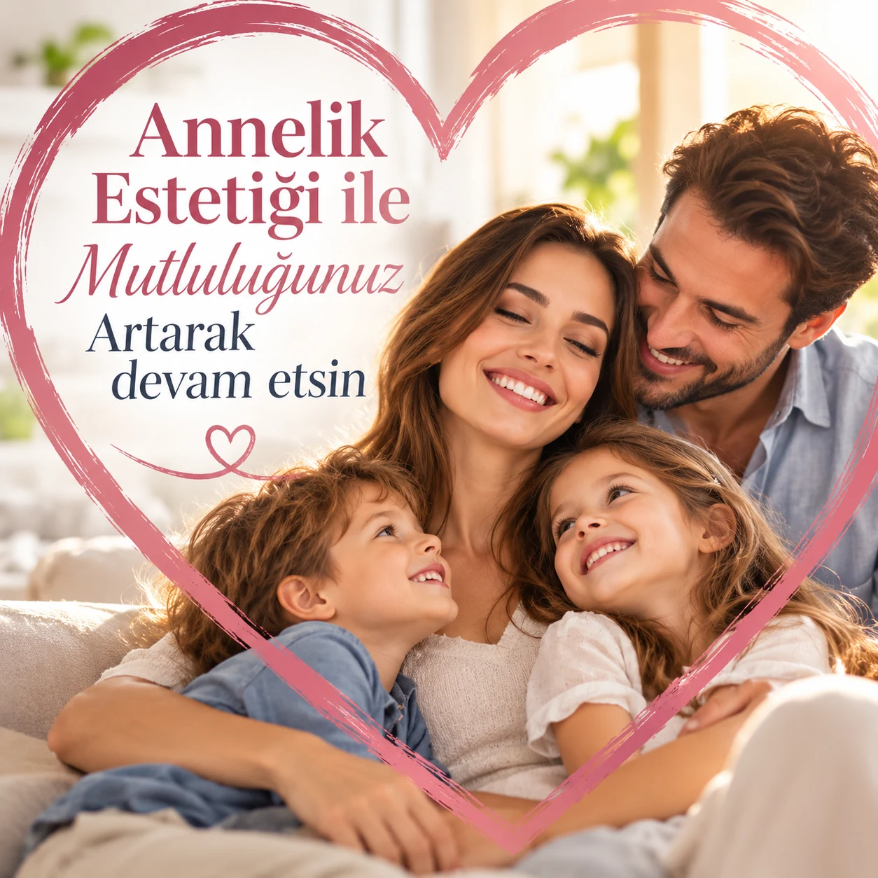 Mutlu anne, baba ve iki çocuktan oluşan aile — annelik estetiği temsili görseli