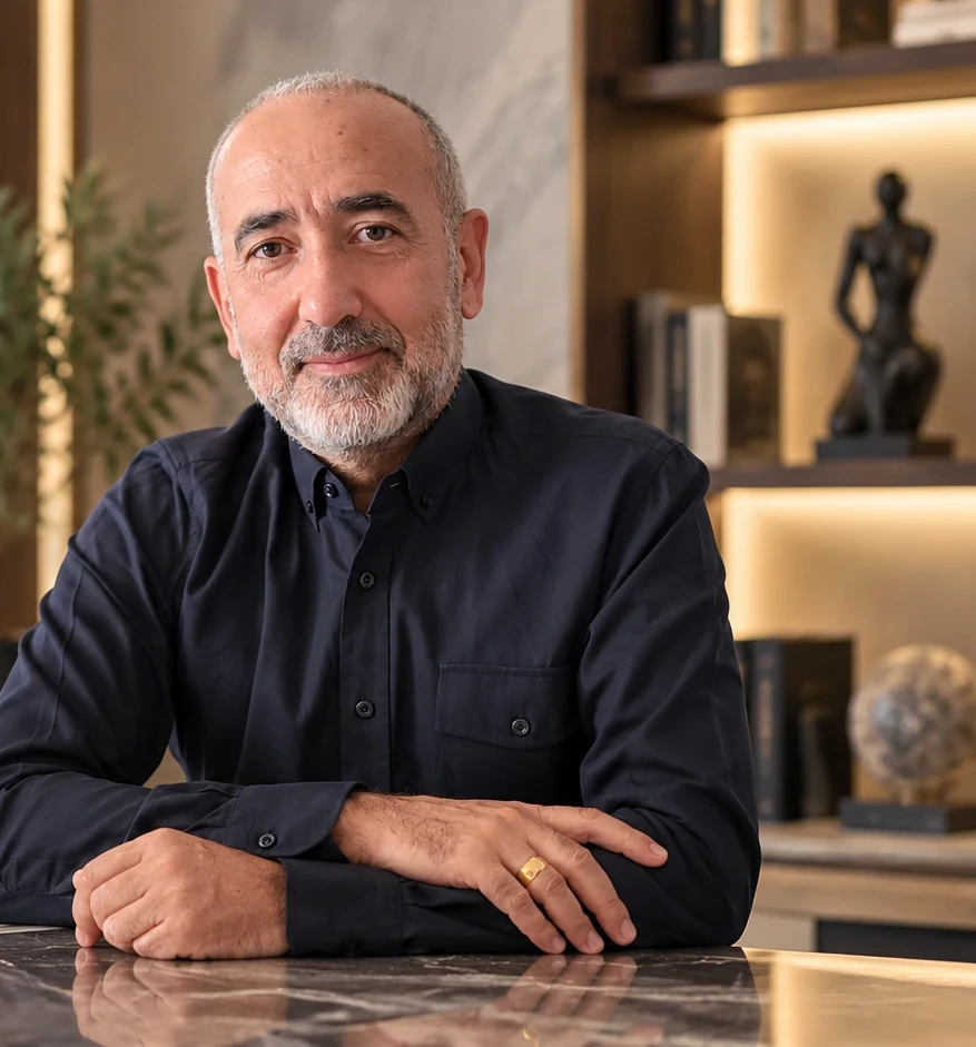 Op. Dr. Mehmet Doğan sitzend am Tisch im dunklen Hemd, mit sichtbaren Händen und Ring.