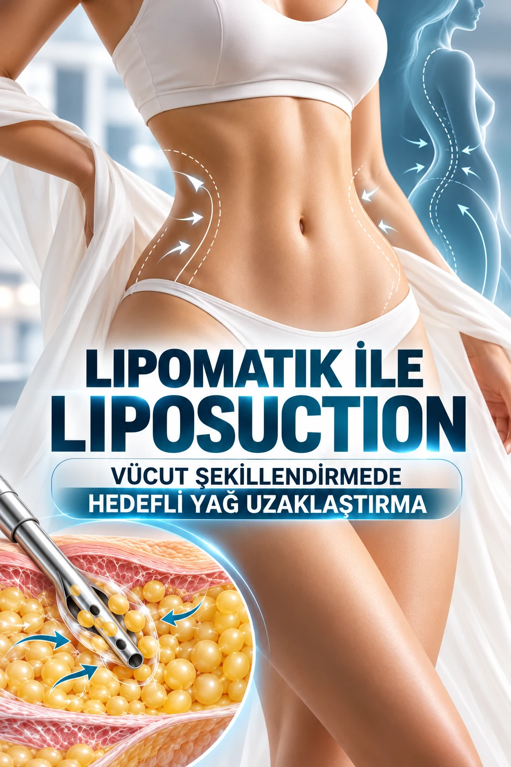 Lipomatik destekli liposuction işlemini anlatan temsili anatomik illüstrasyon